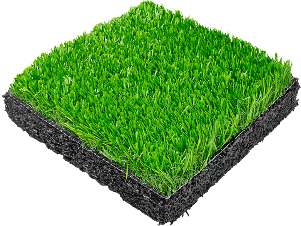 American Platforms custom indoor turf sample featuring a high-density rubber base and green synthetic grass.